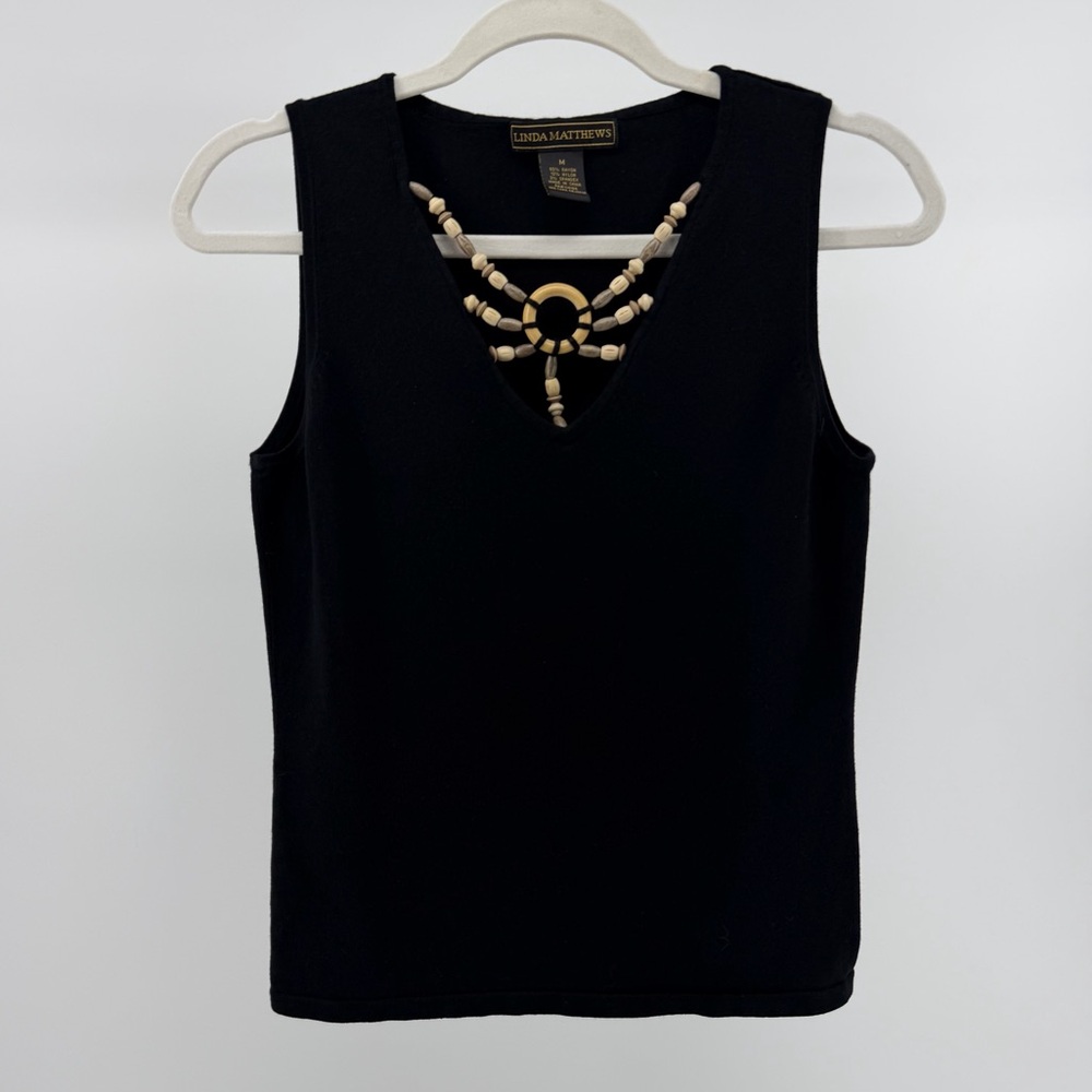 Vintage Y2K Wood Bead Neckline Stretch Knit Black Sleeveless Top, Women's Medium
